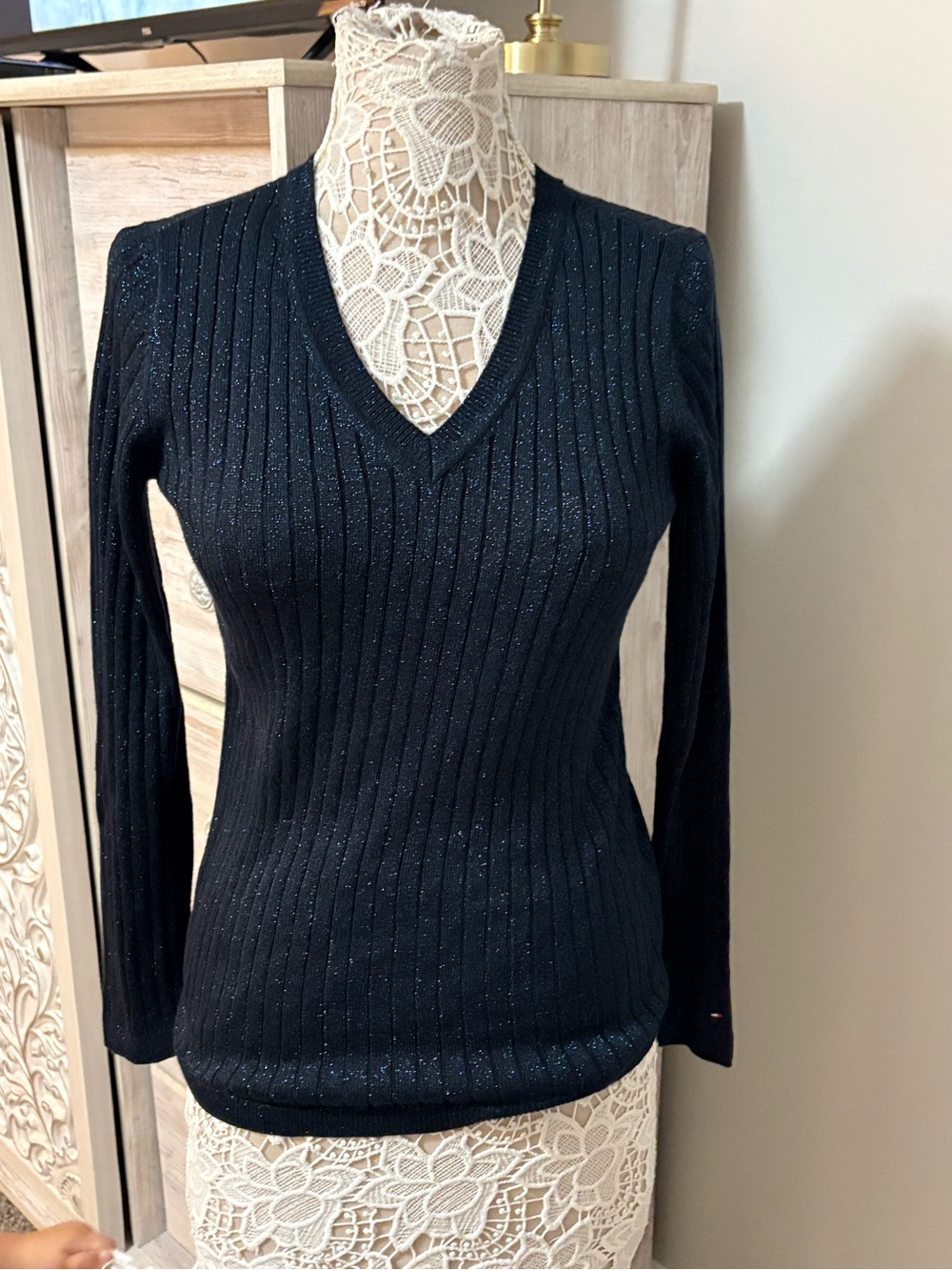 Tommy Hilfiger Black Ribbed V-Neck Sweater with Subtle Shimmer